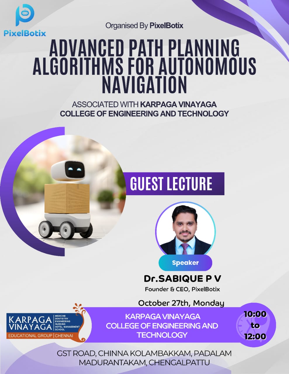 Advanced Path planning algorithms for autonomous navigation in Karpaga Vinaga Engineering College
